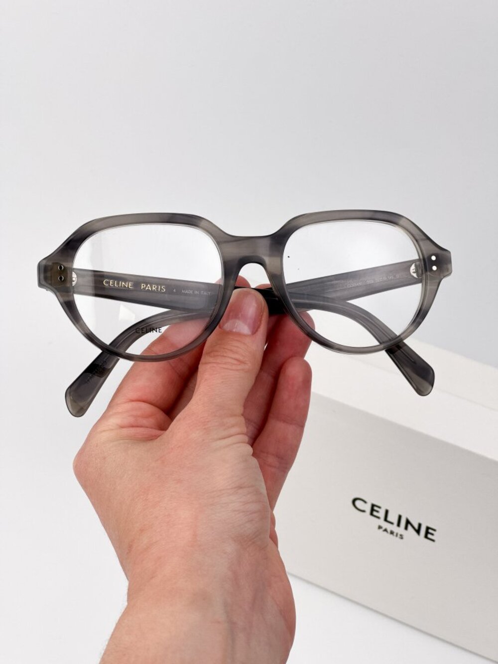 Celine CL50145I 005 “Thin 2 Dots” Rounded Square Eyeglasses Crystal Black & Grey